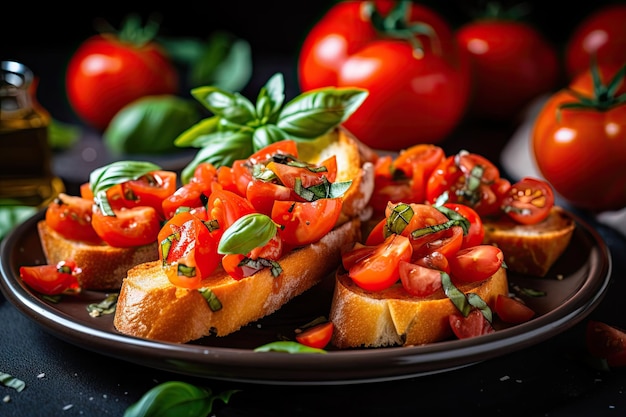 Plate of crispy crostini topped with bruschetta tomatoes and basil created with generative ai