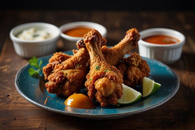 A plate of crispy fried chicken drumsticks with dipping