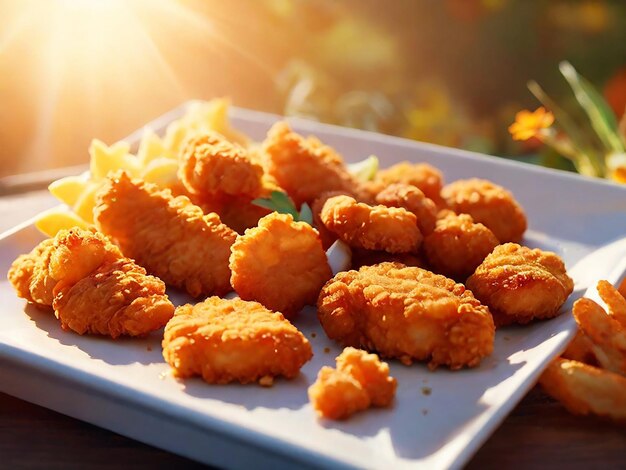 A plate of crispy golden chicken strips and tender chicken nuggets glistening in the warm sunlight