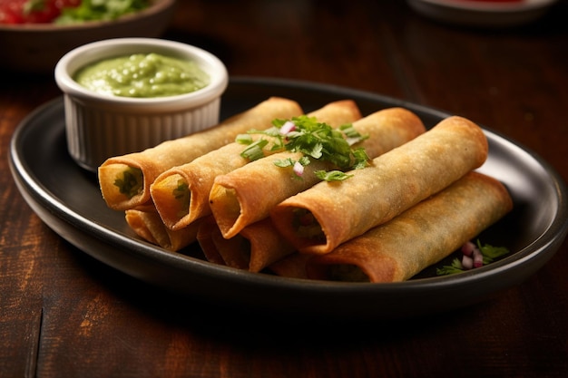 Plate of crispy potato taquitos served with salsa and guacamole