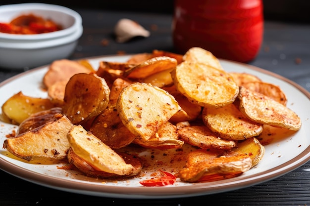 Plate of crispy salty potatoes chips with spicy seasoning created with generative ai