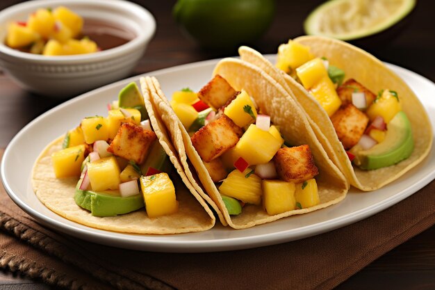 A plate of crispy tofu tacos topped with mango salsa and avocado