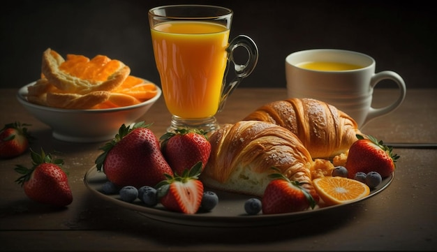 A plate of croissants, a cup of orange juice, and a glass of orange juice.