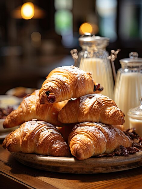 a plate of croissants and milk