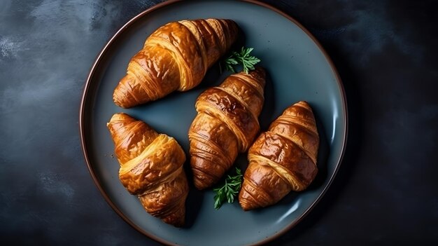 A plate of croissants with a sprig of parsley on it.