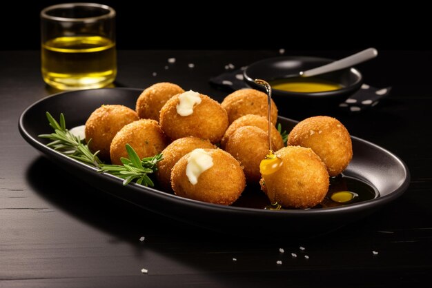 A plate of croquettes garnished with a drizzle o