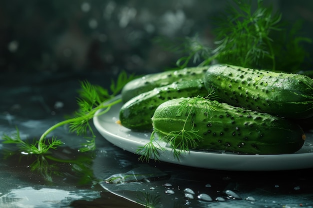 Photo a plate of cucumbers with dill on a wooden table in a natural setting