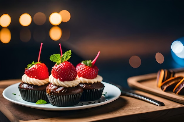 a plate of cupcakes with strawberries and a tray of strawberries