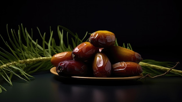 A plate of date fruit sits on a table with a green leaf behind it.