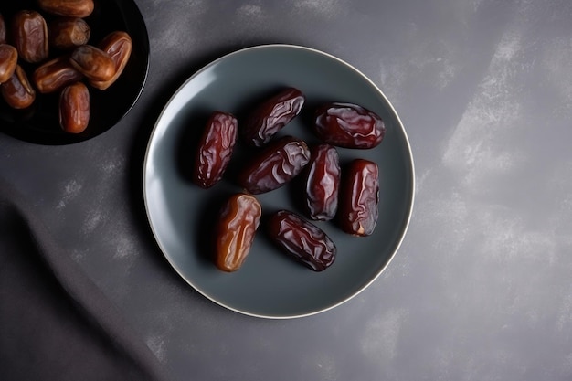 A plate of dates on a gray table