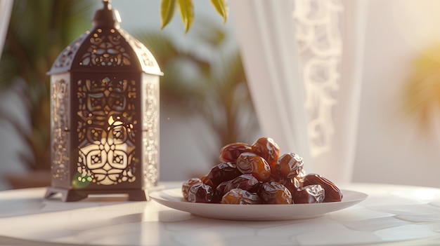 a plate of dates and a lantern on white table ramadan kareem holiday celebration concept