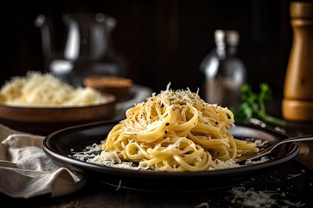 Plate of delicate homemade pasta with light sauce and parmesan cheese created with generative ai