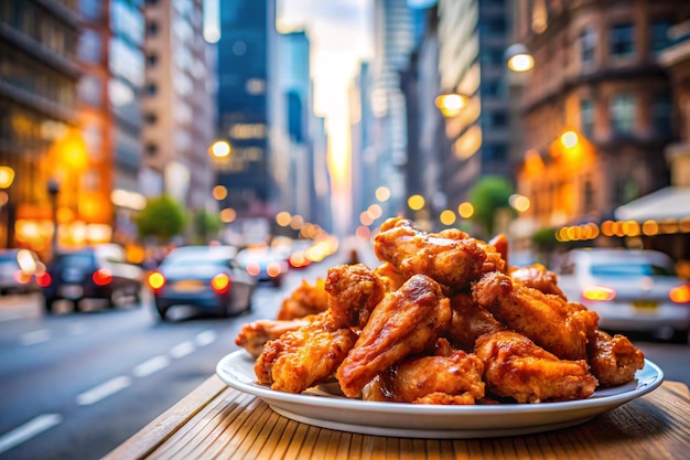 Photo a plate of delicious chicken wings on an outdoor table in the streets of new york city