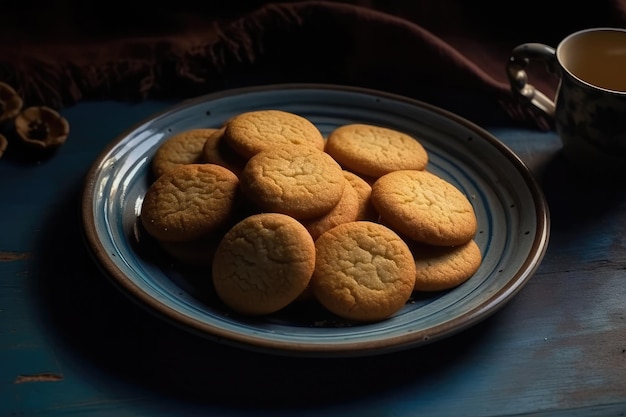 Plate of Delicious Cookies and a Steaming Cup of Tea for a Cozy Afternoon Snack Generative AI