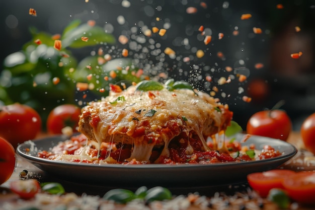 A plate of delicious lasagna with melted cheese and marinara sauce