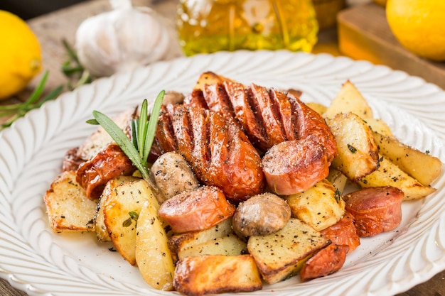 A plate of delicious potatoes and baked sausage