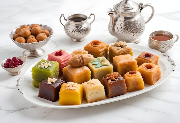 a plate of desserts including one that has a design on it