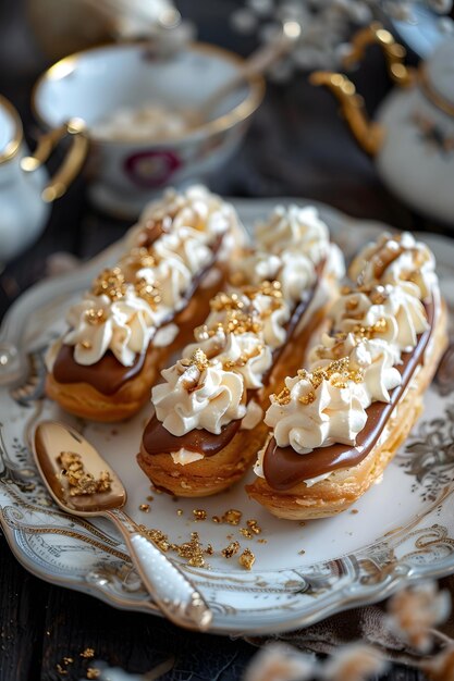 Photo a plate of desserts with a bunch of cream toppings on it