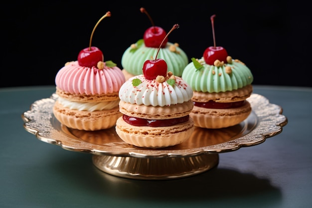 a plate of desserts with cherries on top