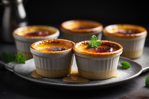 a plate of desserts with a green leaf on top of them