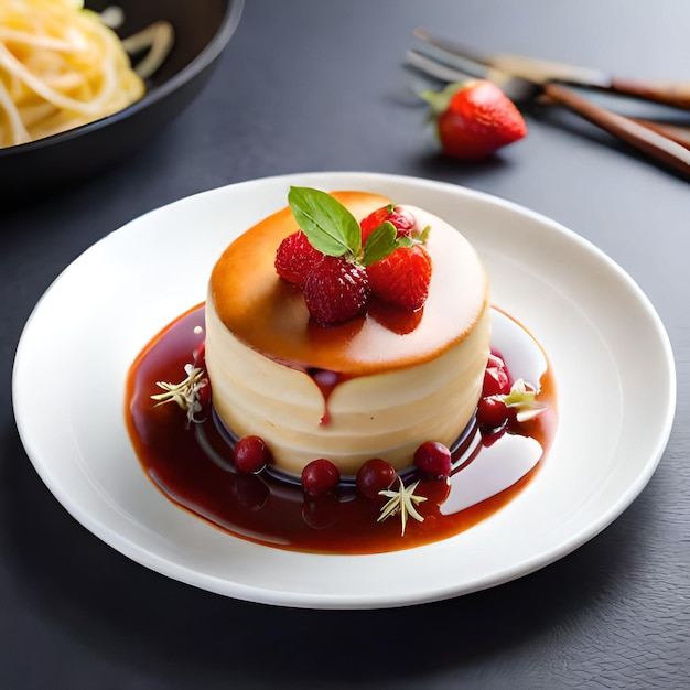 A plate of desserts with a strawberry and a strawberry on top.