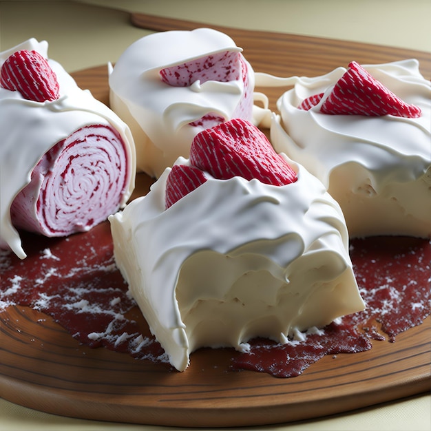 A plate of desserts with white frosting and strawberries on top.