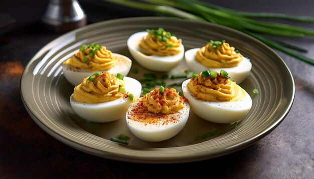 Photo a plate of deviled eggs with a creamy tangy filling garnished with a sprinkle of paprika