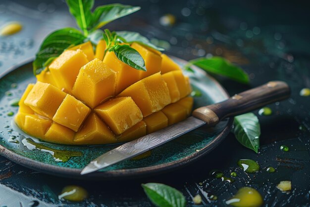 Photo a plate of diced mango with a knife and basil leaves