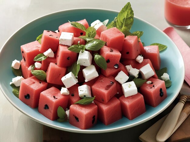 a plate of diced watermelon with a bottle of parsley