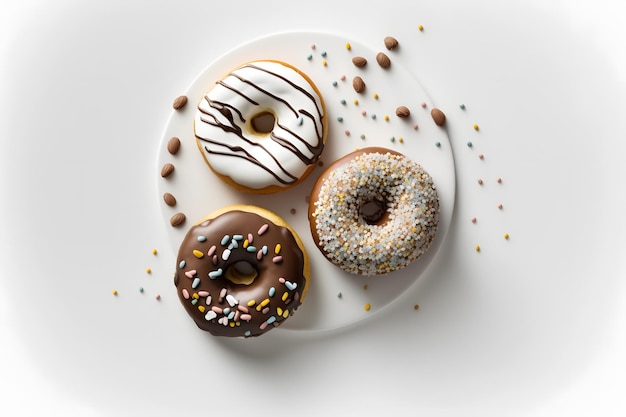 A plate of donuts with chocolate and sprinkles on it