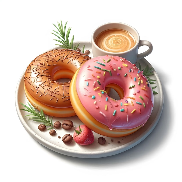 a plate of donuts with a cup of coffee and a cup of coffee