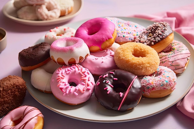 A plate of donuts with pink frosting and sprinkles on it