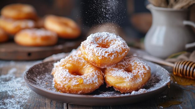 Photo a plate of donuts with powdered sugar on it