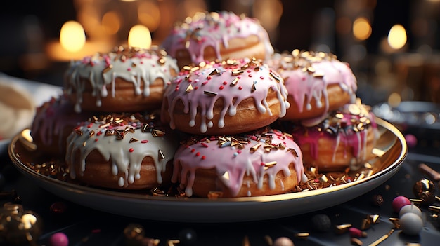 A plate of donuts with sprinkles and sprinkles on it.