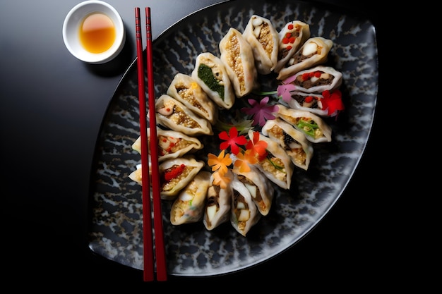 A plate of dumplings with a bowl of sauce and a bowl of vegetables