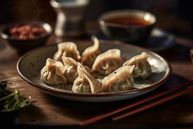 A plate of dumplings with a bowl of sauce on the side.