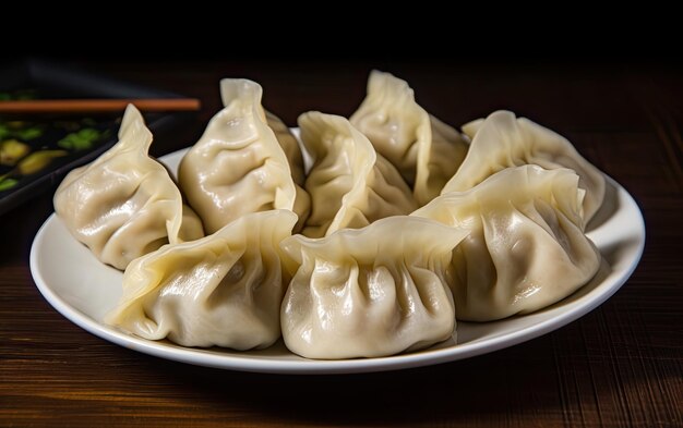 A plate of dumplings with a chopsticks on the side