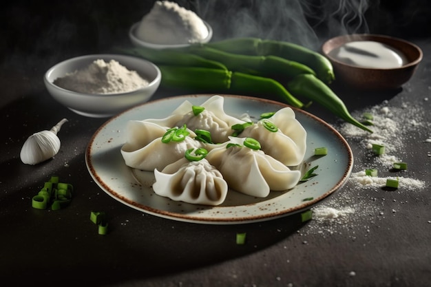 A plate of dumplings with green onions and a bowl of flour on the side.