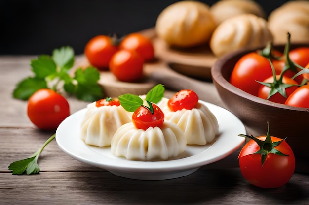 a plate of dumplings with a plate of food on a wooden table.