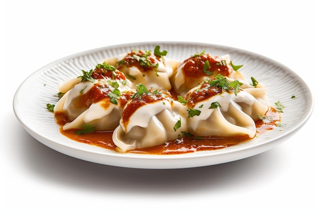 A plate of dumplings with a red sauce on top.