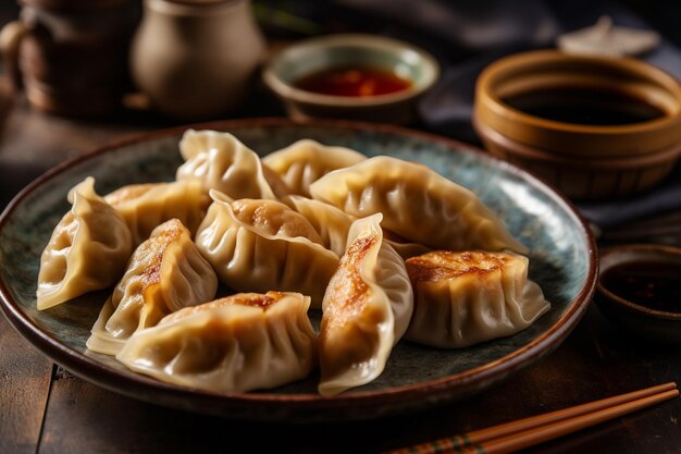 A plate of dumplings with a side of sauce