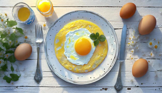 a plate of eggs an egg and a spoon are on a table