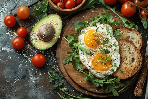 A plate of eggs and toast with avocado and tomatoes