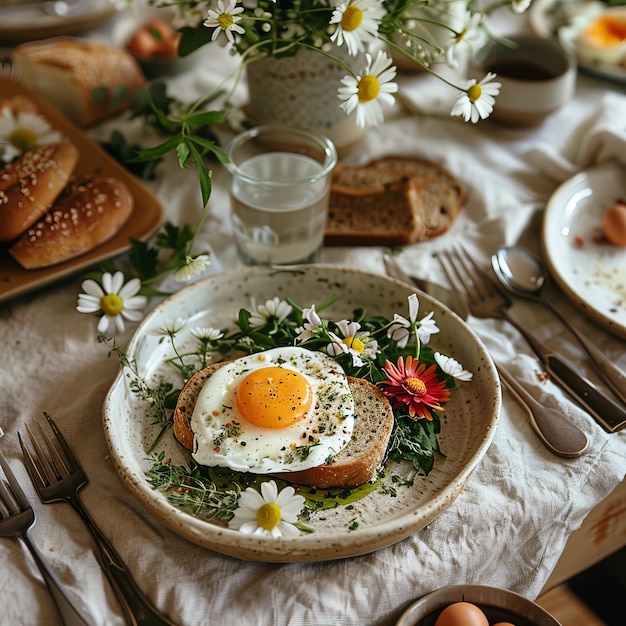 A plate of eggs and toast with a glass of water on a table