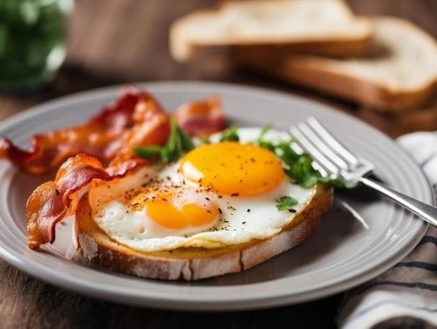 A plate of eggs with bacon and bacon on it