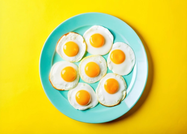 a plate of eggs with a blue plate that says eggs on it