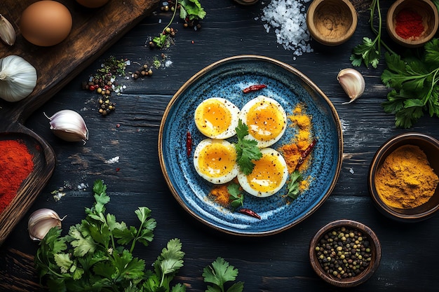 Photo a plate of eggs with a bunch of leaves on it