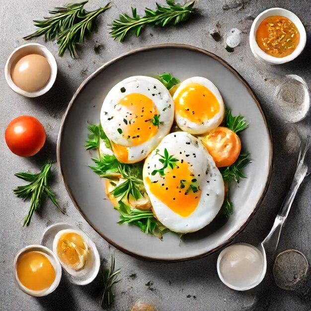 Photo a plate of eggs with herbs and herbs on it