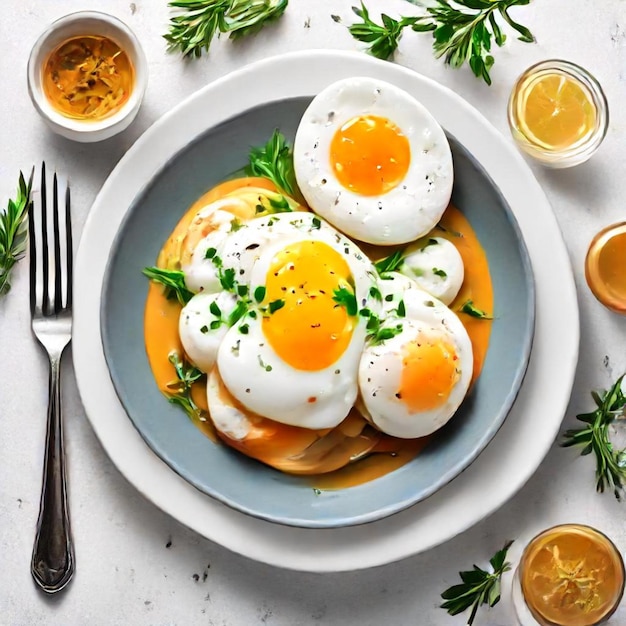 Photo a plate of eggs with parsley and parsley on top