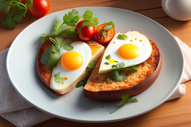 A plate of eggs with a slice of bread and tomatoes on the side.